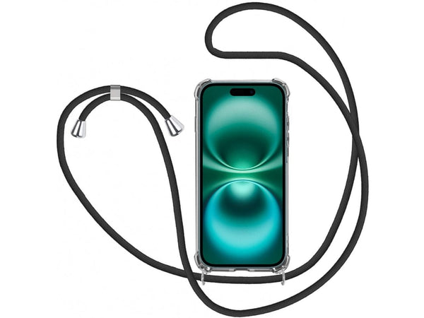 Necklace Handy Hülle mit Kordel Kette schwarz zum Tragen des Apple iPhone 16 am Körper wie Handtasche Lanyard, stabil mit erhöhten Rändern und Kanten in transparent von Screenguard
