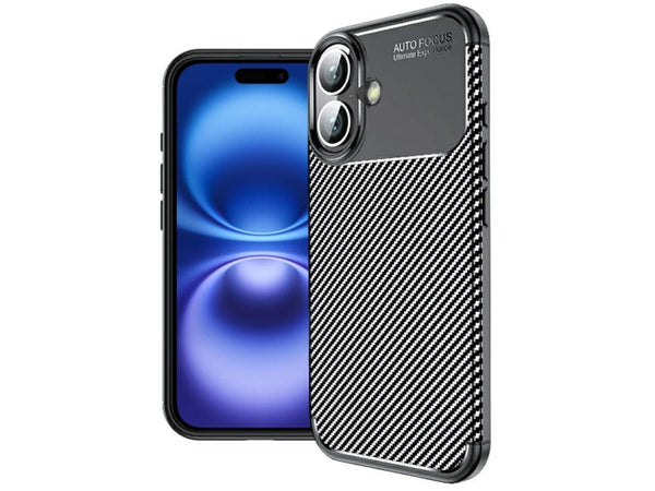 Hochwertig stabile Soft TPU Smartphone Handy Hülle im Carbon Design für Apple iPhone 16 Plus zum Schutz des Display und Gehäuse Cover in schwarz von Screenguard