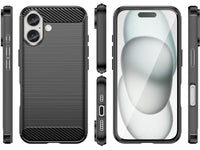 Flexible Handy Schutzhülle mit gebürster Carbon Textur auf der Rückseite für zum Schutz des Apple iPhone 16 Plus  Display und Gehäuse Case in schwarz von Screenguard