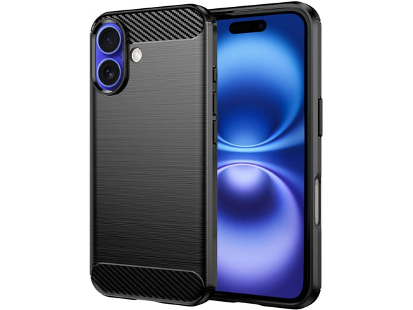 Flexible Handy Schutzhülle mit gebürster Carbon Textur auf der Rückseite für zum Schutz des Apple iPhone 16 Plus  Display und Gehäuse Case in schwarz von Screenguard