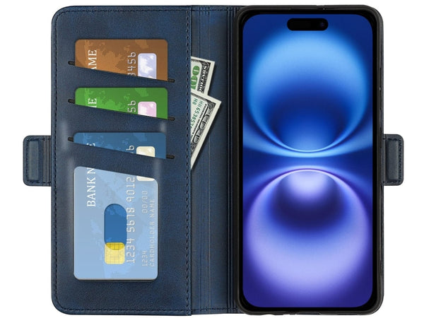Veganes Flip Case Leder Etui Hülle mit Karten Fächer und Sichtfenster für Apple iPhone 16 Plus in dunkelblau von Screenguard