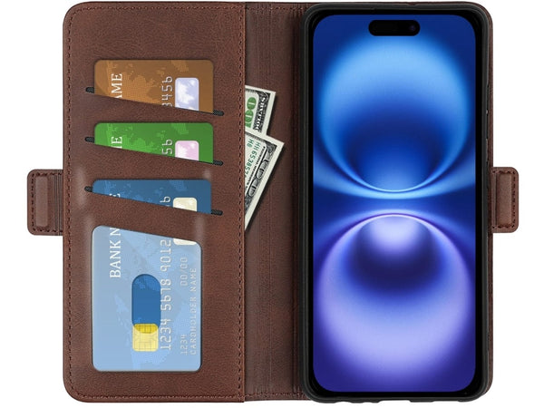 Veganes Flip Case Leder Etui Hülle mit Karten Fächer und Sichtfenster für Apple iPhone 16 Plus in mokka von Screenguard