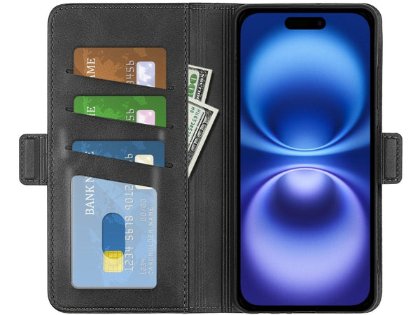 Veganes Flip Case Leder Etui Hülle mit Karten Fächer und Sichtfenster für Apple iPhone 16 Plus in schwarz von Screenguard