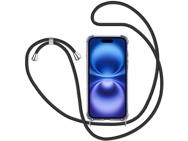 Necklace Handy Hülle mit Kordel Kette schwarz zum Tragen des Apple iPhone 16 Plus am Körper wie Handtasche Lanyard, stabil mit erhöhten Rändern und Kanten in transparent von Screenguard
