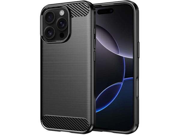 Flexible Handy Schutzhülle mit gebürster Carbon Textur auf der Rückseite für zum Schutz des Apple iPhone 16 Pro  Display und Gehäuse Case in schwarz von Screenguard