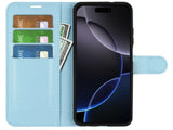 Lederhülle Portemonnaie Karten Ledertasche für Apple iPhone 16 Pro in hellblau von Screenguard
