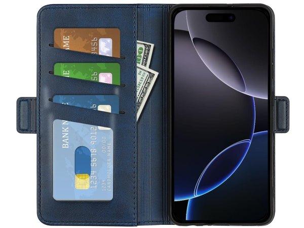 Veganes Flip Case Leder Etui Hülle mit Karten Fächer und Sichtfenster für Apple iPhone 16 Pro in dunkelblau von Screenguard