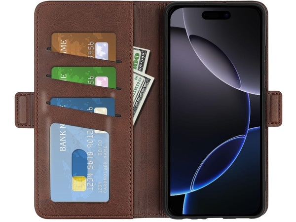 Veganes Flip Case Leder Etui Hülle mit Karten Fächer und Sichtfenster für Apple iPhone 16 Pro in mokka von Screenguard