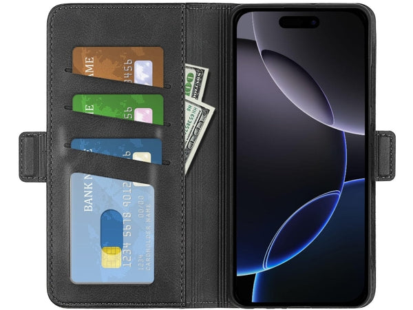 Veganes Flip Case Leder Etui Hülle mit Karten Fächer und Sichtfenster für Apple iPhone 16 Pro in schwarz von Screenguard