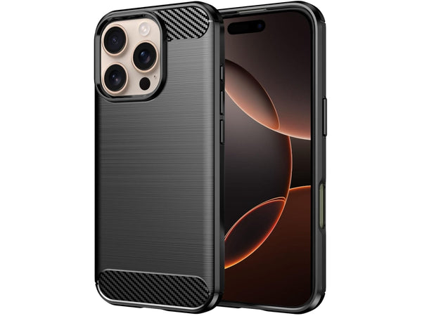 Flexible Handy Schutzhülle mit gebürster Carbon Textur auf der Rückseite für zum Schutz des Apple iPhone 16 Pro Max  Display und Gehäuse Case in schwarz von Screenguard