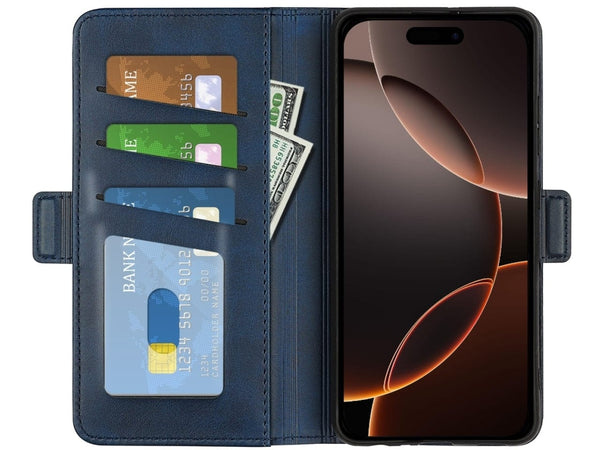Veganes Flip Case Leder Etui Hülle mit Karten Fächer und Sichtfenster für Apple iPhone 16 Pro Max in dunkelblau von Screenguard