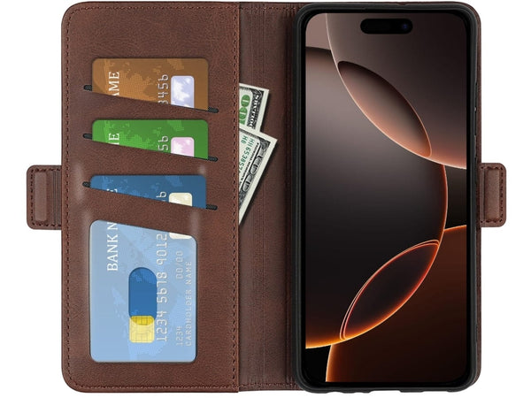 Veganes Flip Case Leder Etui Hülle mit Karten Fächer und Sichtfenster für Apple iPhone 16 Pro Max in mokka von Screenguard