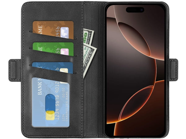Veganes Flip Case Leder Etui Hülle mit Karten Fächer und Sichtfenster für Apple iPhone 16 Pro Max in schwarz von Screenguard