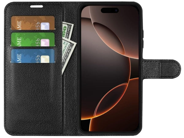 Lederhülle Portemonnaie Karten Ledertasche für Apple iPhone 16 Pro Max in schwarz von Screenguard