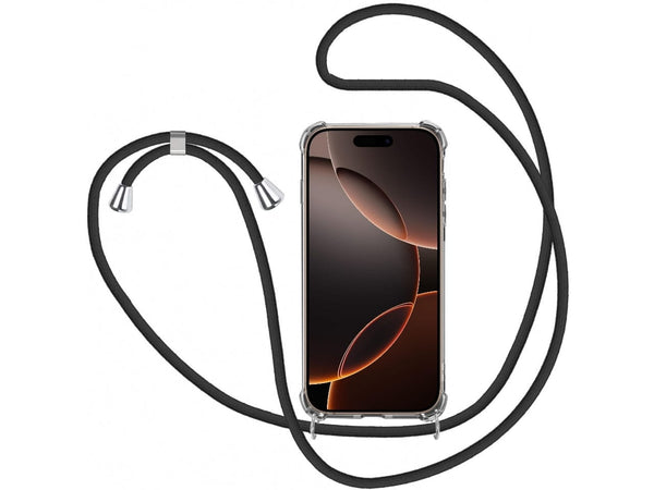 Necklace Handy Hülle mit Kordel Kette schwarz zum Tragen des Apple iPhone 16 Pro Max am Körper wie Handtasche Lanyard, stabil mit erhöhten Rändern und Kanten in transparent von Screenguard