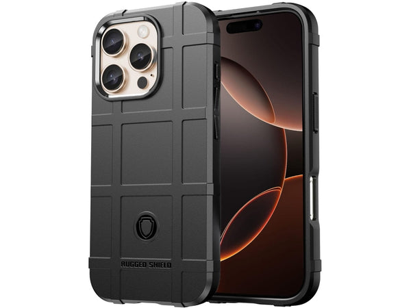 Widerstandsfähige, stabile Outdoor Sport Hülle für das Apple iPhone 16 Pro Max für Handwerker, Baustelle, Business, äusserst stabil mit erhöhten Rändern und Kanten in schwarz von Screenguard