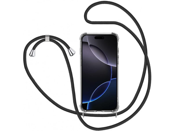 Necklace Handy Hülle mit Kordel Kette schwarz zum Tragen des Apple iPhone 16 Pro am Körper wie Handtasche Lanyard, stabil mit erhöhten Rändern und Kanten in transparent von Screenguard