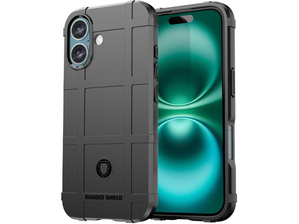 Widerstandsfähige, stabile Outdoor Sport Hülle für das Apple iPhone 16 für Handwerker, Baustelle, Business, äusserst stabil mit erhöhten Rändern und Kanten in schwarz von Screenguard