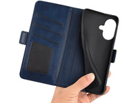 Veganes Flip Case Leder Etui Hülle mit Karten Fächer und Sichtfenster für Apple iPhone 17 in dunkelblau von Screenguard