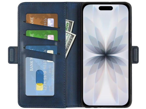Veganes Flip Case Leder Etui Hülle mit Karten Fächer und Sichtfenster für Apple iPhone 17 in dunkelblau von Screenguard