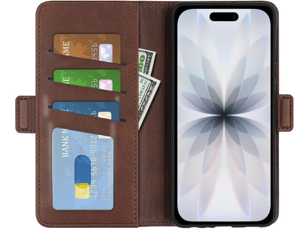 Veganes Flip Case Leder Etui Hülle mit Karten Fächer und Sichtfenster für Apple iPhone 17 in mokka von Screenguard