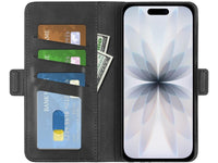 Veganes Flip Case Leder Etui Hülle mit Karten Fächer und Sichtfenster für Apple iPhone 17 in schwarz von Screenguard