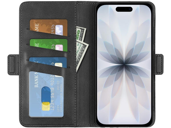 Veganes Flip Case Leder Etui Hülle mit Karten Fächer und Sichtfenster für Apple iPhone 17 in schwarz von Screenguard