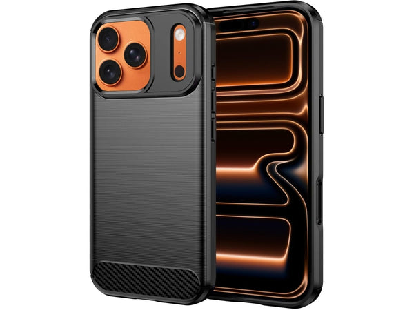 Flexible Handy Schutzhülle mit gebürster Carbon Textur auf der Rückseite für zum Schutz des Apple iPhone 17 Pro  Display und Gehäuse Case in schwarz von Screenguard