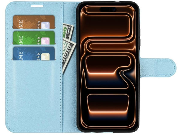 Lederhülle Portemonnaie Karten Ledertasche für Apple iPhone 17 Pro in hellblau von Screenguard