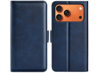 Veganes Flip Case Leder Etui Hülle mit Karten Fächer und Sichtfenster für Apple iPhone 17 Pro in dunkelblau von Screenguard