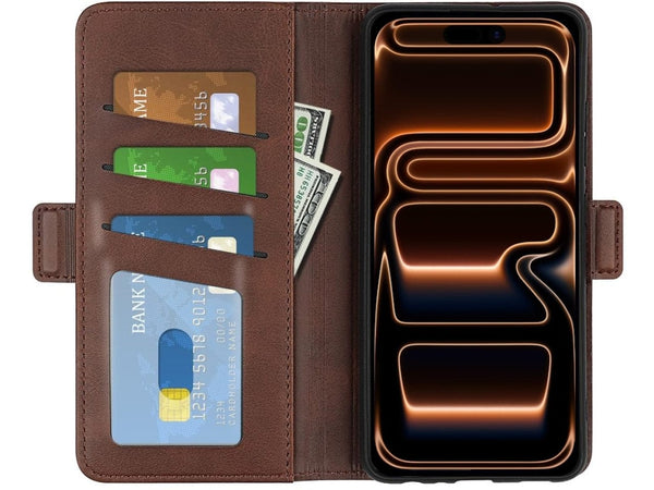 Veganes Flip Case Leder Etui Hülle mit Karten Fächer und Sichtfenster für Apple iPhone 17 Pro in mokka von Screenguard