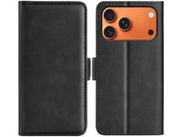 Veganes Flip Case Leder Etui Hülle mit Karten Fächer und Sichtfenster für Apple iPhone 17 Pro in schwarz von Screenguard