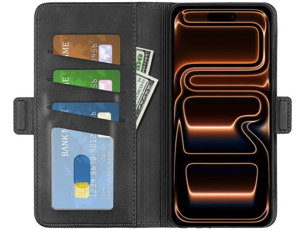 Veganes Flip Case Leder Etui Hülle mit Karten Fächer und Sichtfenster für Apple iPhone 17 Pro in schwarz von Screenguard