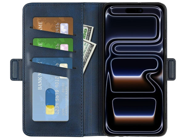Veganes Flip Case Leder Etui Hülle mit Karten Fächer und Sichtfenster für Apple iPhone 17 Pro Max in dunkelblau von Screenguard