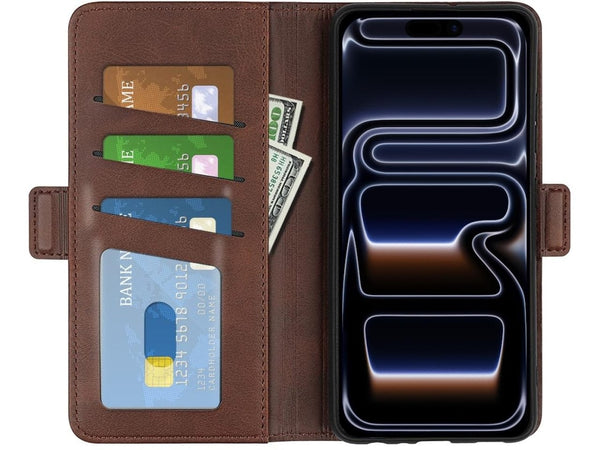 Veganes Flip Case Leder Etui Hülle mit Karten Fächer und Sichtfenster für Apple iPhone 17 Pro Max in mokka von Screenguard