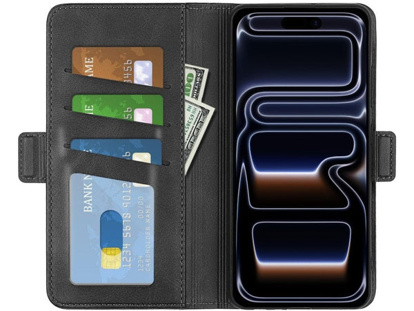 Veganes Flip Case Leder Etui Hülle mit Karten Fächer und Sichtfenster für Apple iPhone 17 Pro Max in schwarz von Screenguard