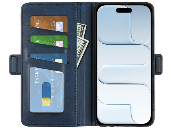 Veganes Flip Case Leder Etui Hülle mit Karten Fächer und Sichtfenster für Apple iPhone Air in dunkelblau von Screenguard