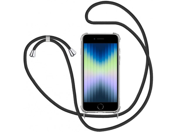 Necklace Handy Hülle mit Kordel Kette schwarz zum Tragen des Apple iPhone SE 2022 am Körper wie Handtasche Lanyard, stabil mit erhöhten Rändern und Kanten in transparent von Screenguard