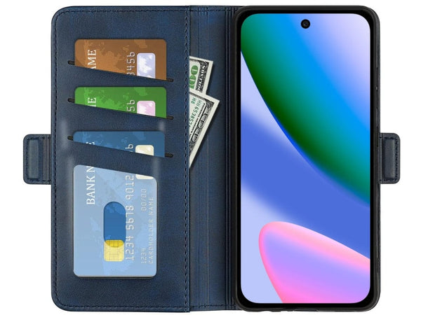 Veganes Flip Case Leder Etui Hülle mit Karten Fächer und Sichtfenster für Google Pixel 10 in dunkelblau von Screenguard