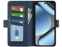 Veganes Flip Case Leder Etui Hülle mit Karten Fächer und Sichtfenster für Google Pixel 10 Pro in dunkelblau von Screenguard