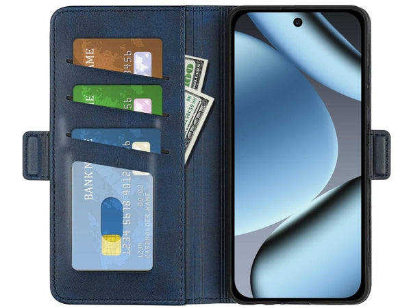 Veganes Flip Case Leder Etui Hülle mit Karten Fächer und Sichtfenster für Google Pixel 10 Pro in dunkelblau von Screenguard