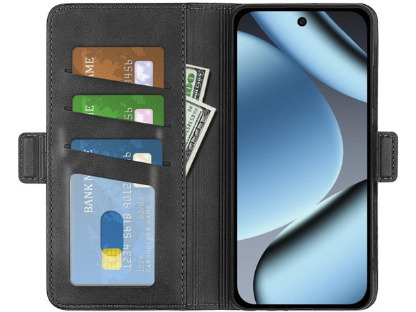 Veganes Flip Case Leder Etui Hülle mit Karten Fächer und Sichtfenster für Google Pixel 10 Pro in schwarz von Screenguard