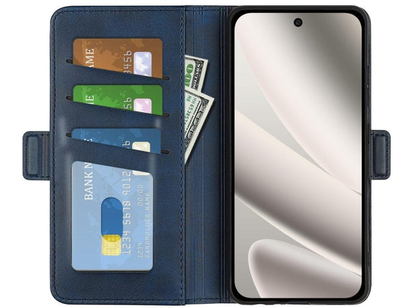 Veganes Flip Case Leder Etui Hülle mit Karten Fächer und Sichtfenster für Google Pixel 10 Pro XL in dunkelblau von Screenguard