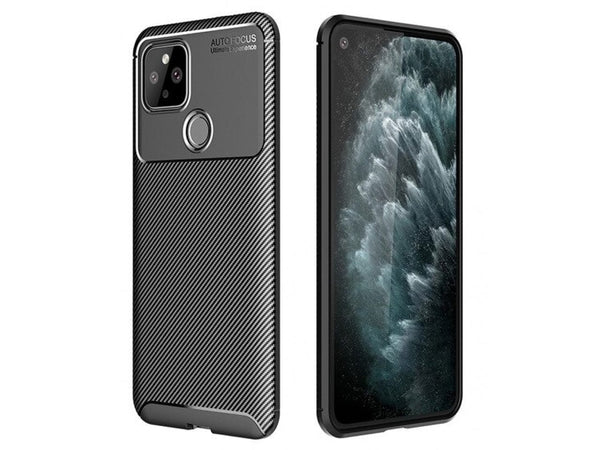 Hochwertig stabile Soft TPU Smartphone Handy Hülle im Carbon Design für Google Pixel 5 zum Schutz des Display und Gehäuse Cover in schwarz von Screenguard