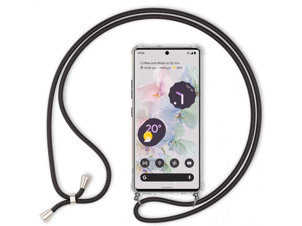 Necklace Handy Hülle mit Kordel Kette schwarz zum Tragen des Google Pixel 6a am Körper wie Handtasche Lanyard, stabil mit erhöhten Rändern und Kanten in transparent von Screenguard