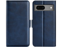 Veganes Flip Case Leder Etui Hülle mit Karten Fächer und Sichtfenster für Google Pixel 7 in dunkelblau von Screenguard