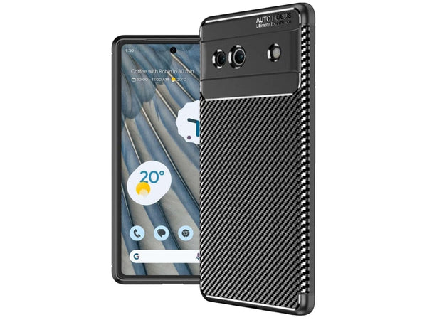 Hochwertig stabile Soft TPU Smartphone Handy Hülle im Carbon Design für Google Pixel 7a zum Schutz des Display und Gehäuse Cover in schwarz von Screenguard