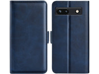 Veganes Flip Case Leder Etui Hülle mit Karten Fächer und Sichtfenster für Google Pixel 7a in dunkelblau von Screenguard