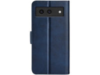 Veganes Flip Case Leder Etui Hülle mit Karten Fächer und Sichtfenster für Google Pixel 8a in dunkelblau von Screenguard