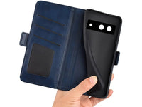 Veganes Flip Case Leder Etui Hülle mit Karten Fächer und Sichtfenster für Google Pixel 8a in dunkelblau von Screenguard